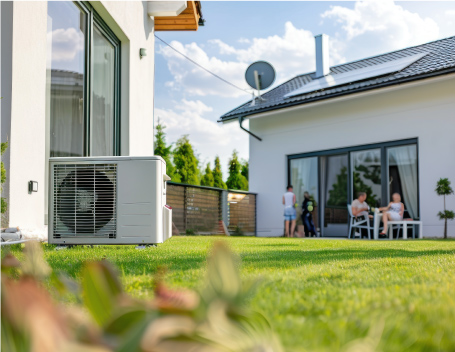 worm's eye view of a home airvac from the outside lawn, with two people in conversation on the back patio out of focus