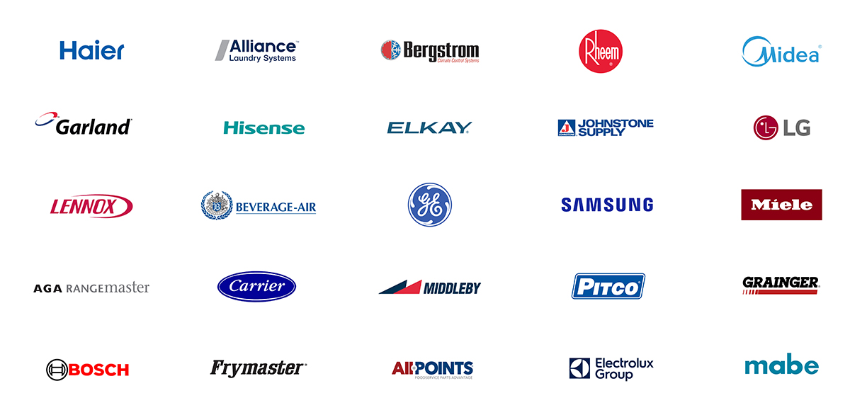 Haier - Alliance Laundry Systems - Bergstrom Climate Control Systems - Rheem - Midea - Garland - Hisense - Elkay - Johnstone Supply - LG - Lennox - Beverage-Air - G E - Samsung - Miele - A G A Rnagemaster - Carrier - Middleby - Pitco - Grainger