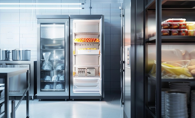 a glass door refrigerator and freezer in a stainless steel commercial kitchen