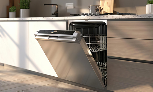 a stainless steel dishwasher with the door partially open
