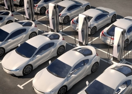 a sunlit parking lot with identical white electrical vehicles and charging stations
