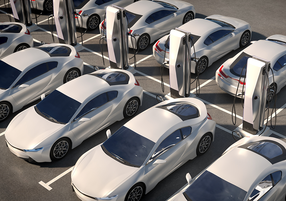 a sunlit parking lot with identical white electrical vehicles and charging stations