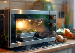 steam pours off of a tray of broccoli cooking in a countertop toaster oven