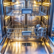 the gleaming interior of a clean stainless steel dishwasher