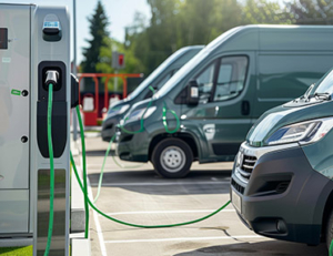 two large vans and a vehicle near an electric vehicle charging station
